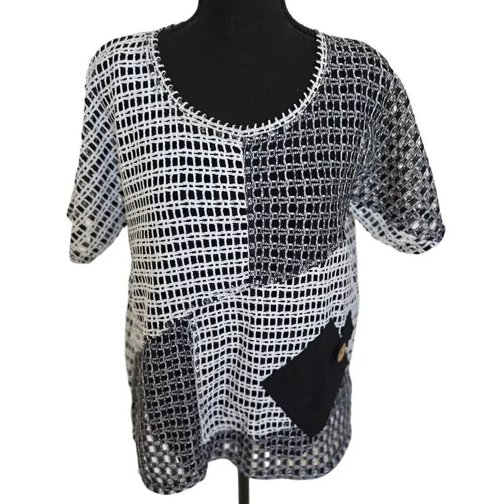 Onque Casual Womens Knit Open Weave Layered Short Sleeve Top Black White Small
